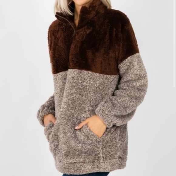 Zenana Brown Colorblock Oversized Quarter Zip Sherpa Pullover Size XL - Picture 1 of 6